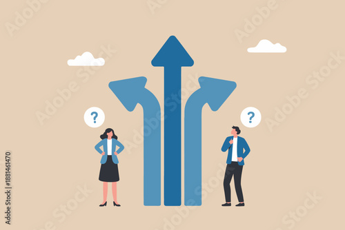 Business people contemplating at a crossroads with multiple arrow path choices