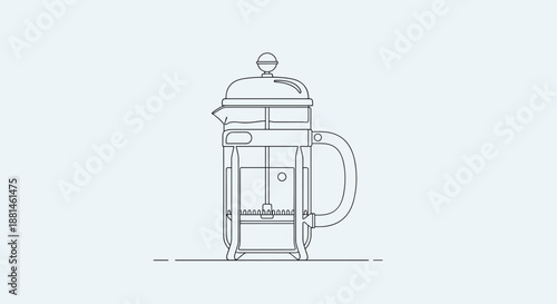 Minimalist outline illustration of a classic French press coffee maker on a light blue background for kitchen concepts.