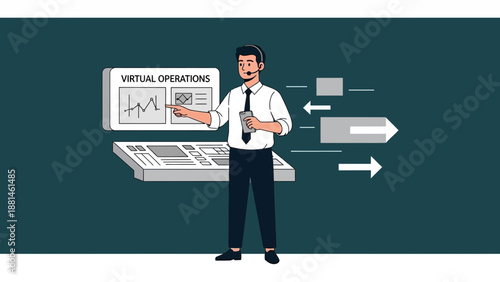 Man in Shirt Explaining Virtual Operations on Computer Screen