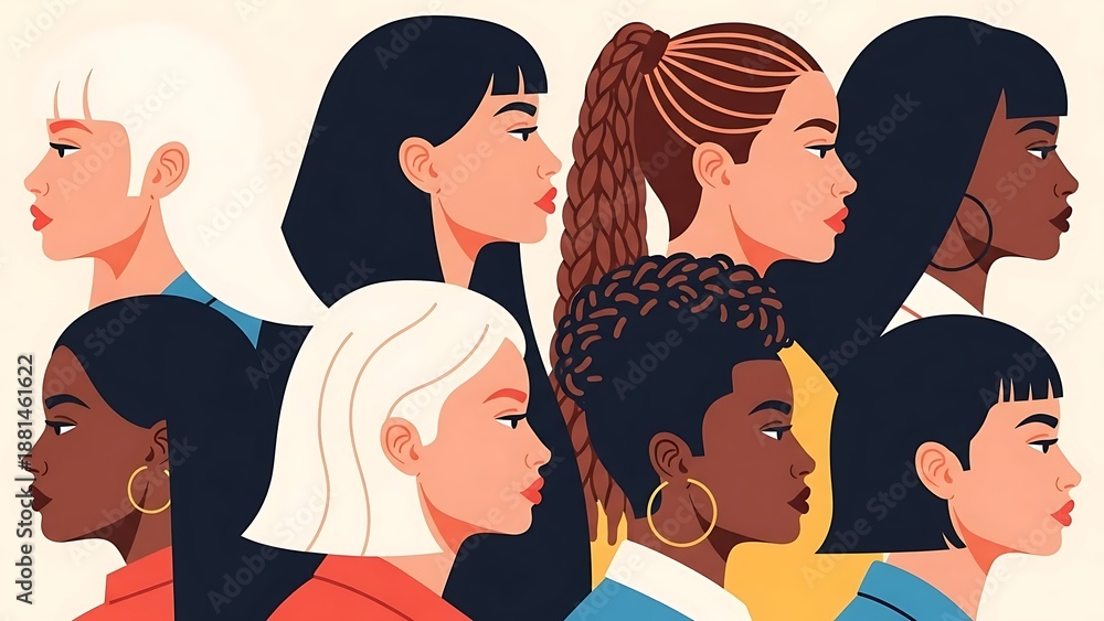 Fototapeta premium A powerful visual representation of diverse women standing together, showcasing unity, strength, and the beauty of multiculturalism and female empowerment through a modern illustrative style