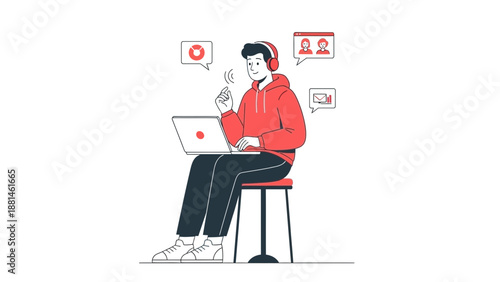 Man with headphones working on laptop, online communication icons, remote work concept