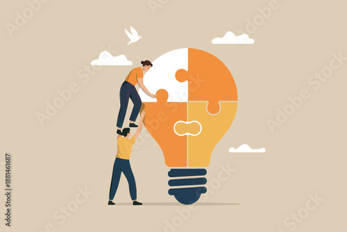 Teamwork assembling puzzle lightbulb, fostering new ideas and collaborative innovation
