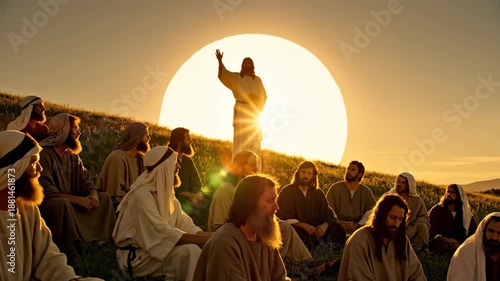 Jesus Christ teaching the sermon on the mount to an assembled group of men, representing christian teachings and religious devotion