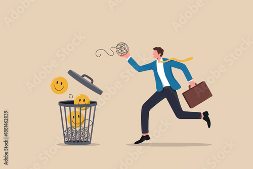 Businessman discarding smiley faces into trash can, symbolizing stress