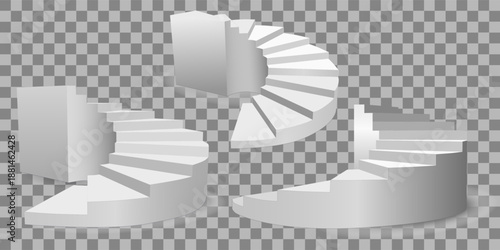 3d white radial stairs realistic isolated on transparent background. Mockup with ladders for product.