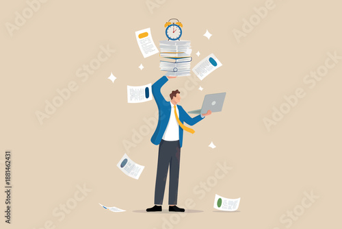 Businessman overwhelmed by paperwork and deadlines with laptop