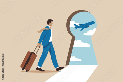 A professional man with luggage walks through a keyhole doorway towards an airplane journey.