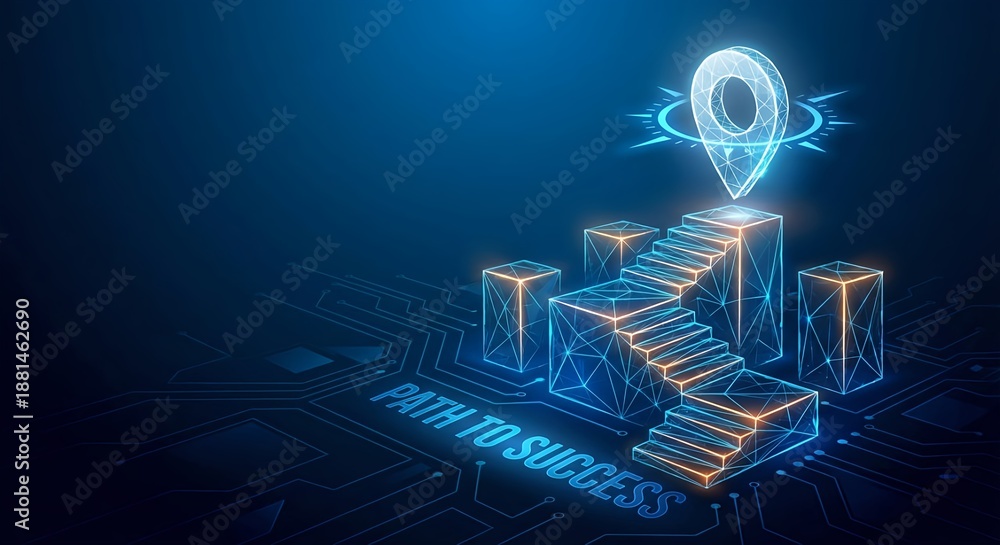 Fototapeta premium Digital path to success with glowing steps leading to a destination pin icon on a futuristic blue background.