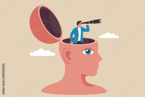 A man looking into the future with a telescope from inside an open human head
