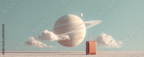 Surreal landscape pastel color planet cloud suitcase travel fantasy dream minimal sky surreal landscape with pastel color planet and floating
