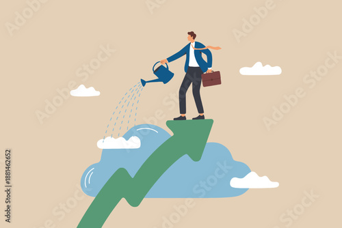 Businessman nurtures business potential by watering a cloud for future investment and growth