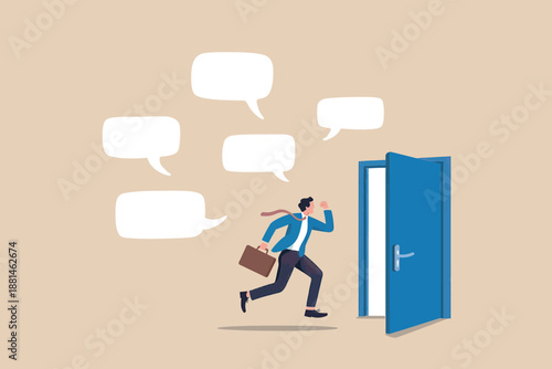 A businessman running towards an open door, avoiding pressure and noise