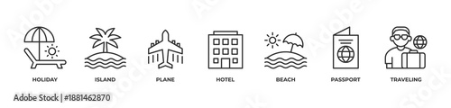 Travel Escape  Icons set vector illustration outline with Holiday, Island, Plane, Hotel, Beach, Passport, Traveling