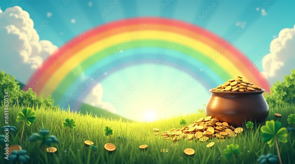 Fototapeta premium Pot of Gold on Grass with Rainbow and Sunny Sky Background