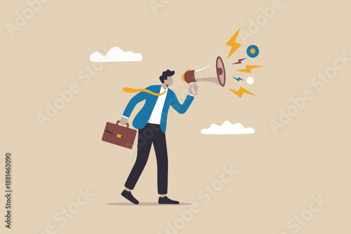 Man in suit speaking through megaphone with lightning and sound waves