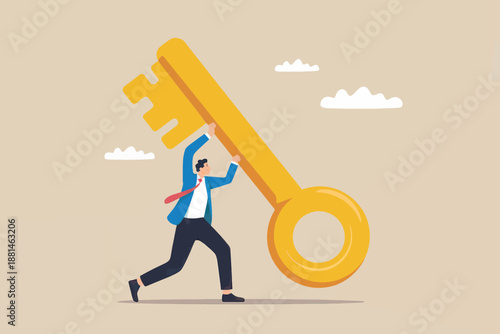 Man carrying a giant golden key, symbolizing success and solutions