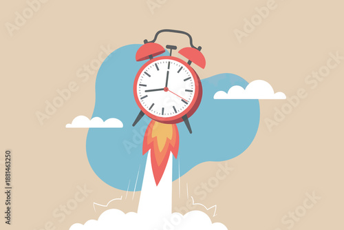 Retro alarm clock blasting off like a rocket into the sky