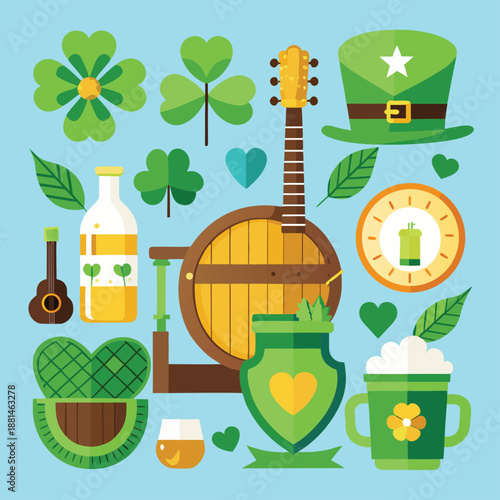 St Patrick’s Day background set with green clover leaf patterns and a lucky leprechaun hat vector illustration featuring a pot of gold and Irish beer symbols for a festive holiday celebration design