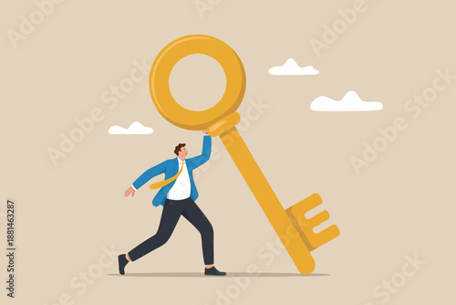 Businessman carrying a giant golden key, symbolizing success