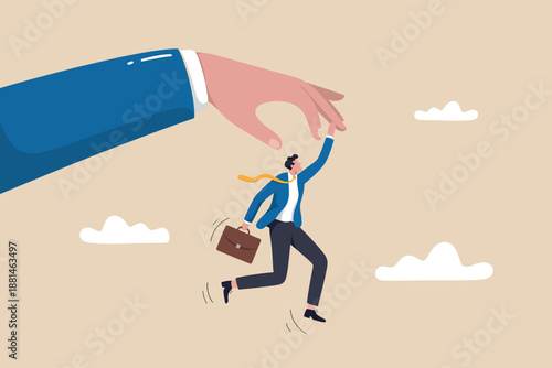 Giant hand picks up a businessman reaching for the sky