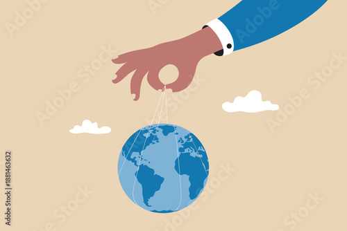 A powerful hand in a suit manipulating the world like a puppet, symbolizing global control and influence