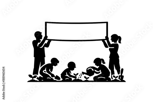 Family planting seedlings together while holding a blank banner for environmental message