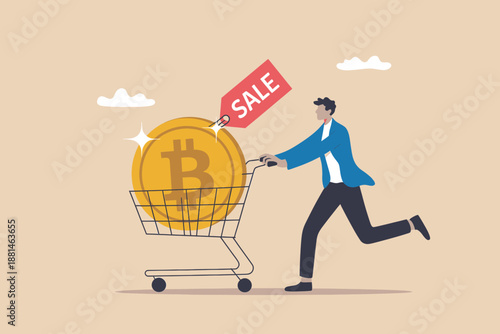 Man running with a shopping cart to acquire discounted bitcoin during a sale
