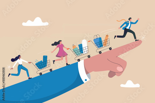 Consumers energetically running uphill with shopping carts guided by a giant pointing hand