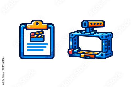 Filmmaking equipment set with production clipboard and modular camera rig setup