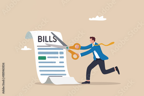 A businessman cutting a large bill with scissors, symbolizing cost reduction and financial management