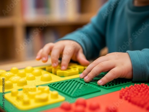 Toddler boy playing with sensory board for fine motor skills development.