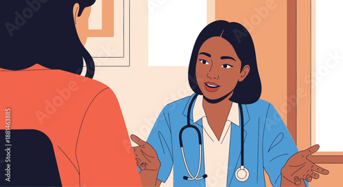 Doctor consulting with a patient, discussing health and treatment options in a friendly, professional manner.