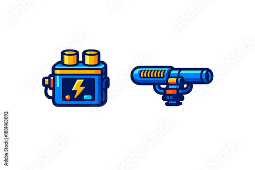 Futuristic energy battery pack with lightning symbol and sci-fi blaster gun
