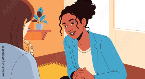 Two women talking in a cozy room, one is listening attentively while the other is speaking with a friendly expression.