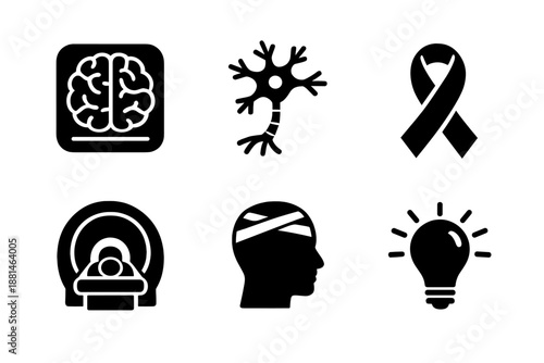 Medical and neurological symbols featuring brain scan, neuron cell, MRI, and awareness ribbon