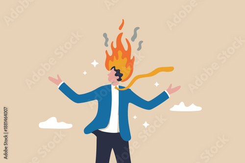 Businessman with head on fire symbolizing extreme stress and burnout
