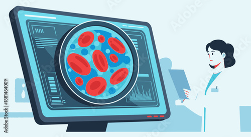 A dedicated female scientist in a laboratory examines magnified red blood cells on a large monitor, performing crucial medical research and diagnostics.