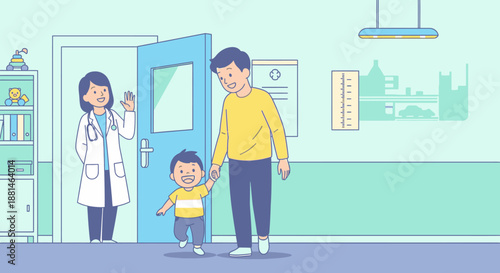 Happy father and smiling toddler leaving the doctor's office after a successful check-up, waved goodbye by a friendly female pediatrician in a modern clinic setting.