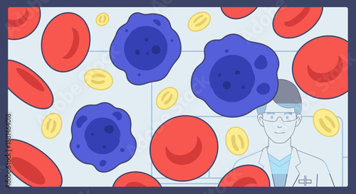 A focused scientist in a lab coat and glasses observes a detailed microscopic view of red, blue, and yellow cells, crucial for medical research and diagnosis.