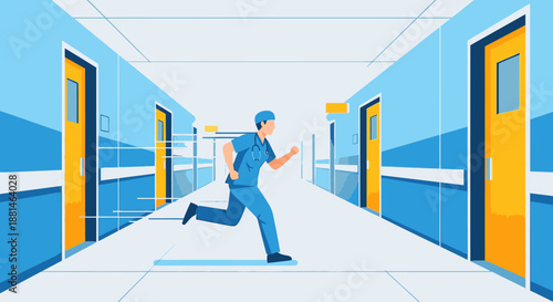 Urgent medical response: Doctor or nurse in scrubs running fast down a long hospital corridor during an emergency, illustrating healthcare urgency.
