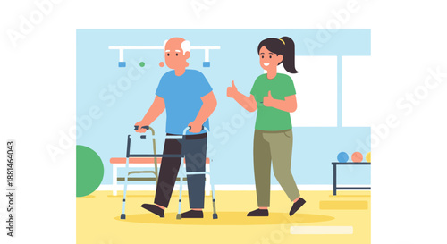 A kind female therapist assists an elderly male patient with a walker during a physical rehabilitation session, providing encouraging support for his recovery journey.