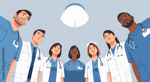 A diverse group of dedicated medical professionals, including doctors and nurses, look down with focused expressions, symbolizing collaborative healthcare and patient support.
