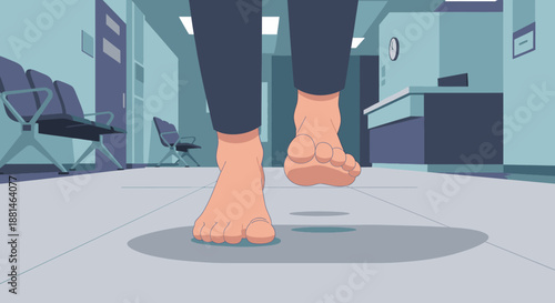 A patient's bare feet walk cautiously down a sterile hospital corridor, symbolizing recovery, vulnerability, and the journey through medical care.