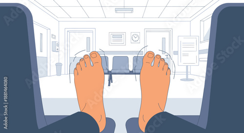 A first-person view of bare feet wiggling nervously from a chair in a sterile hospital waiting room, illustrating anxiety and impatience.