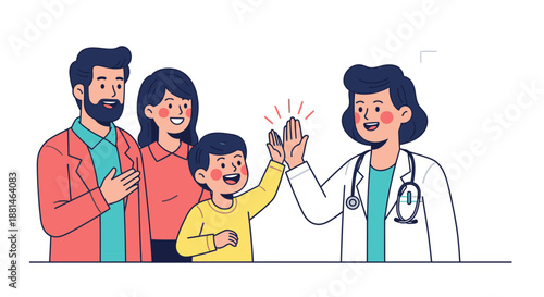 A happy young boy gives a high-five to a friendly female doctor, celebrating a successful medical visit with his smiling parents looking on.