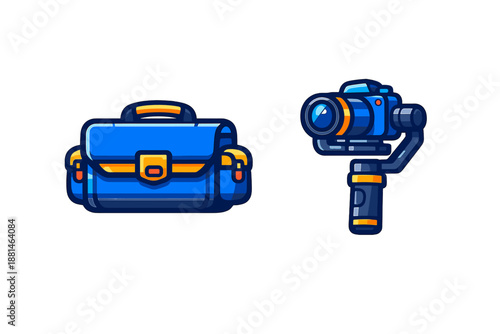 Blue camera briefcase and professional video camera mounted on a motorized handheld stabilizer