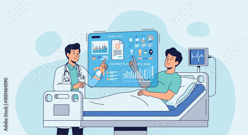 A doctor reviews digital health data with a patient in a hospital bed, highlighting advanced medical technology, AI, and personalized care solutions.
