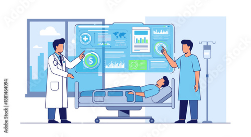 A doctor and medical professional utilize advanced holographic technology to analyze comprehensive patient data, enhancing diagnosis and treatment in a modern hospital setting.