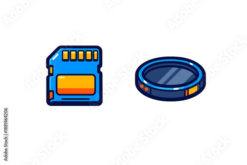Digital storage and wearable technology icons, memory card and futuristic circular device