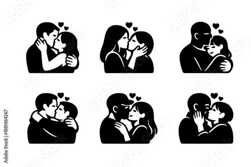 Set of six black icons depicting romantic couples sharing affection through kissing and hugging